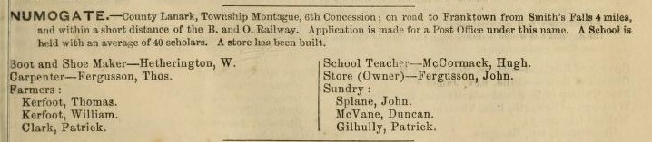 Numogate description and business listing, Leeds, Grenville, Lanark, & Renfrew county directory, 1859