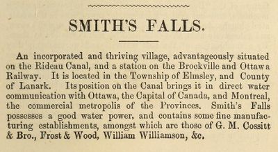 Smiths Falls town description, Fuller's counties of Leeds, Grenville, Lanark and Renfrew Directory for 1866 & 1867, pages for Smiths Falls and Montague