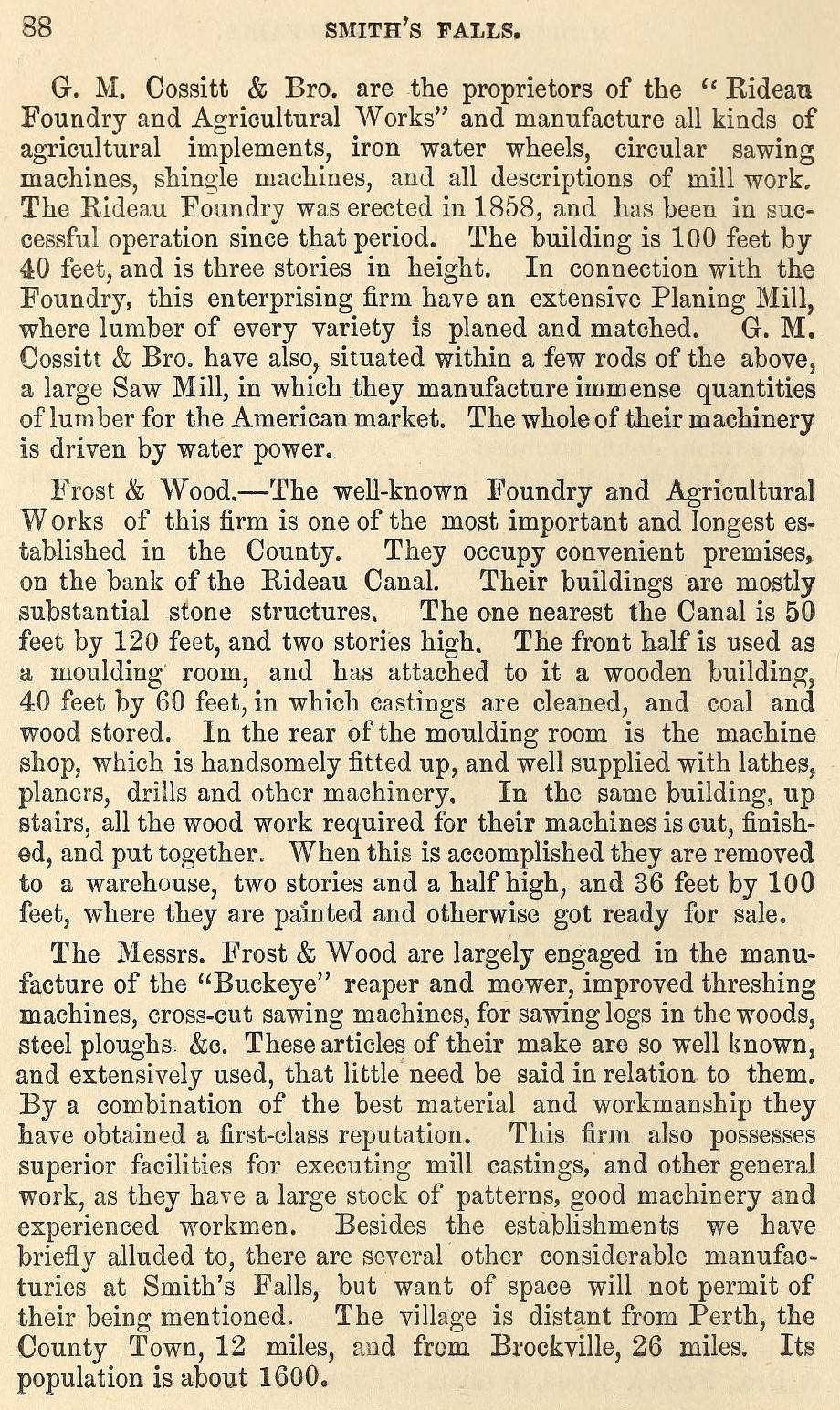 Smiths Falls town description, Fuller's counties of Leeds, Grenville, Lanark and Renfrew Directory for 1866 & 1867, pages for Smiths Falls and Montague