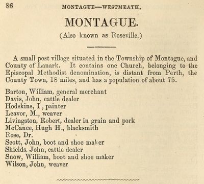 Montague town description, Fuller's counties of Leeds, Grenville, Lanark and Renfrew Directory for 1866 & 1867, pages for Smiths Falls and Montague