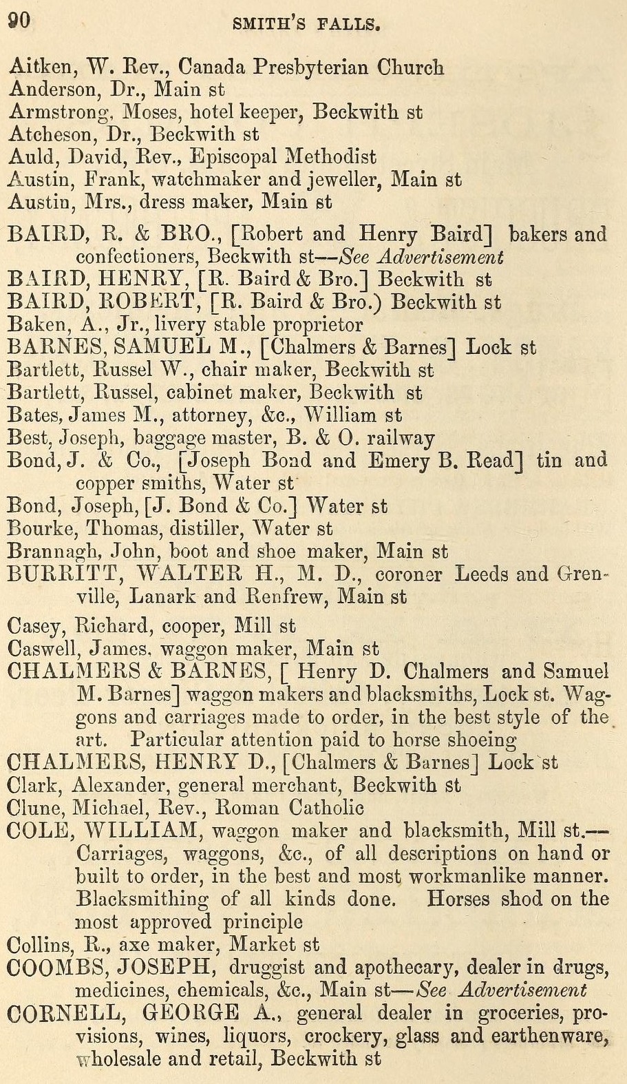 Smiths Falls business listings, Fuller's counties of Leeds, Grenville, Lanark and Renfrew Directory for 1866 & 1867