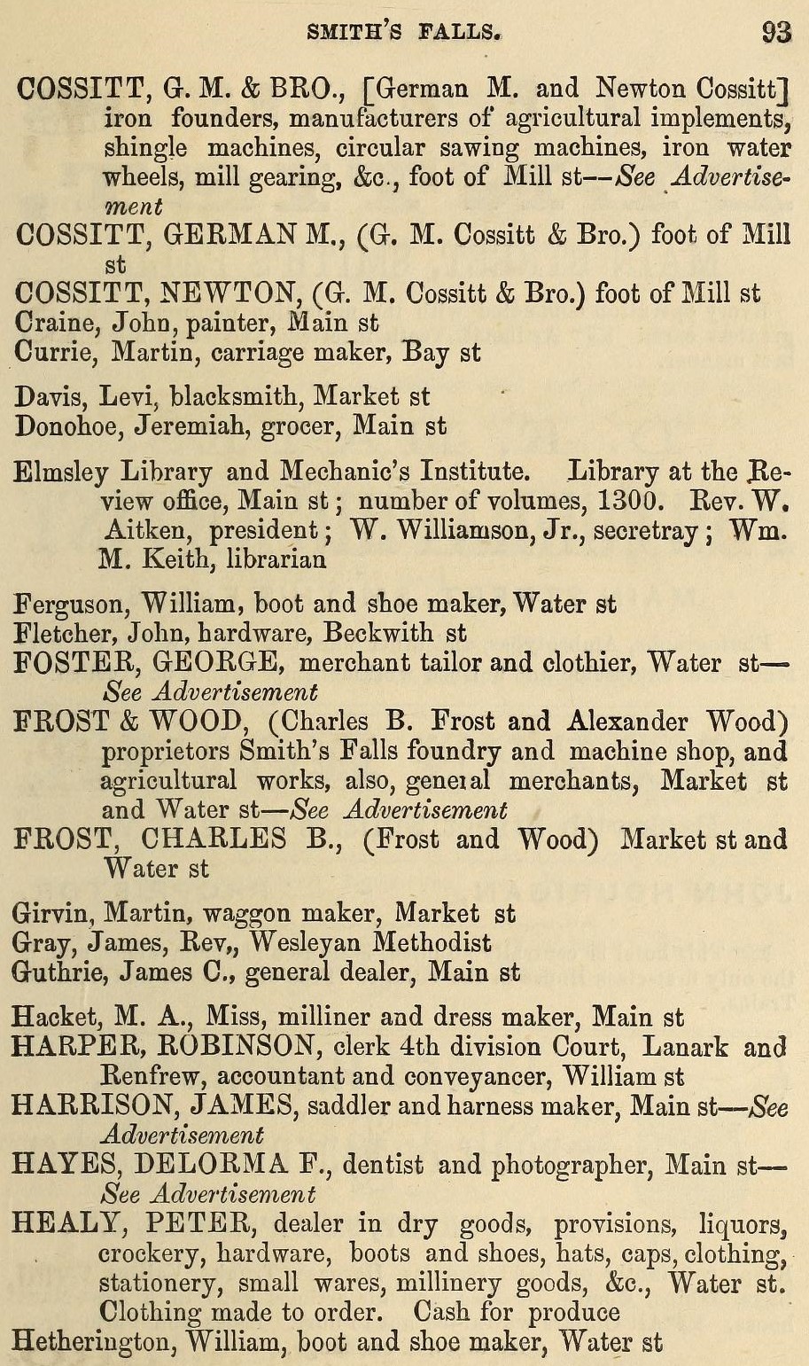 Smiths Falls business listings, Fuller's counties of Leeds, Grenville, Lanark and Renfrew Directory for 1866 & 1867