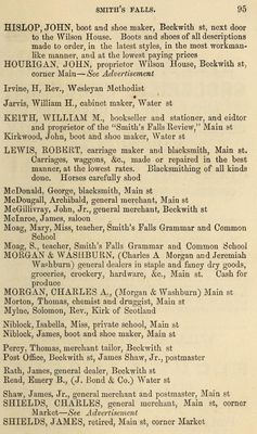 Smiths Falls business listings, Fuller's counties of Leeds, Grenville, Lanark and Renfrew Directory for 1866 & 1867