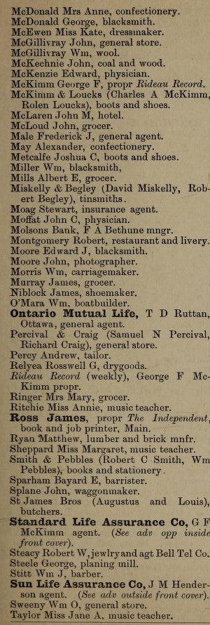 Smiths Falls listing of business owners, Ontario gazetteer and business directory 1888-89