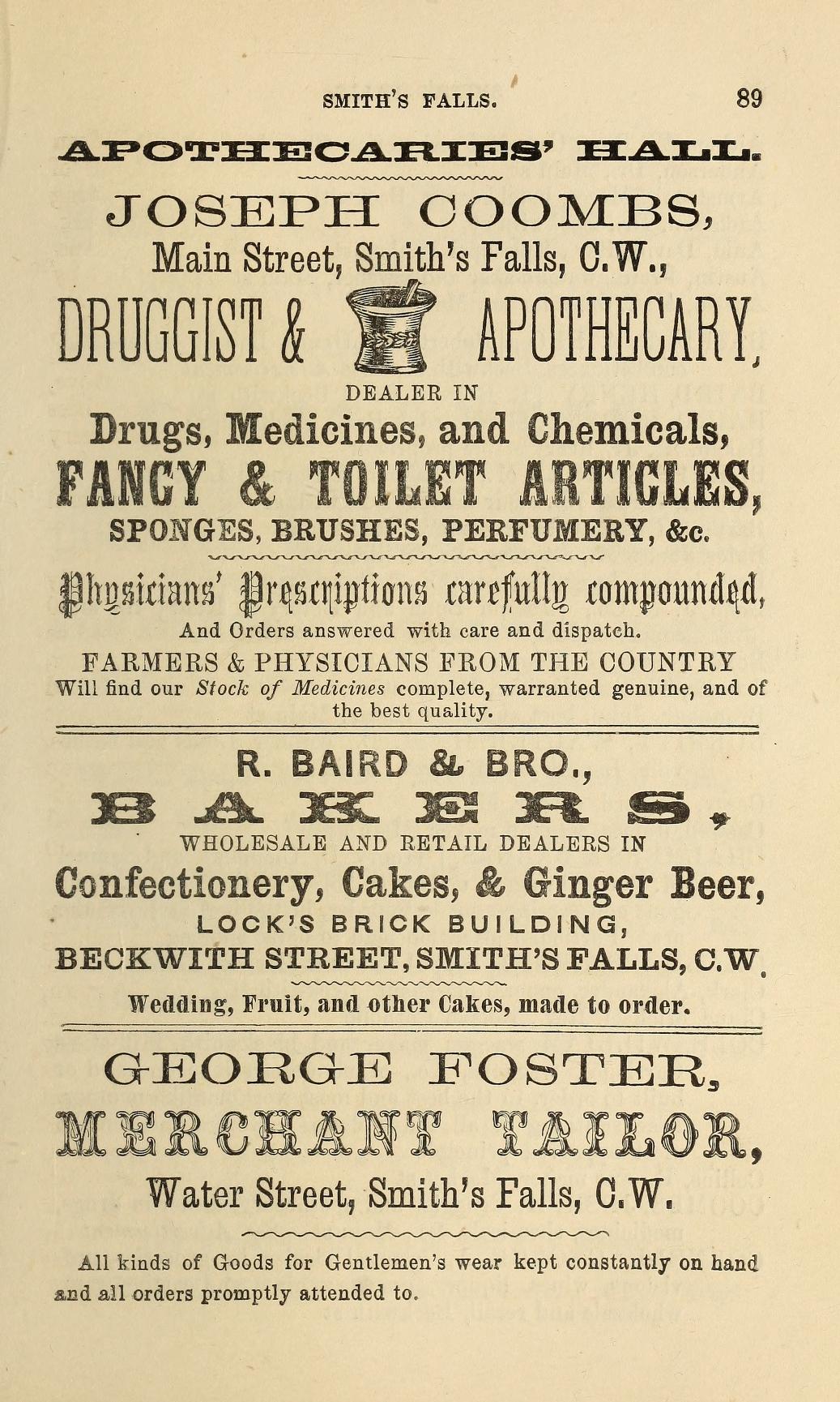 Joseph Coombs, R. Baird and George Foster advertising, Smiths Falls, Fuller's counties of Leeds, Grenville, Lanark and Renfrew Directory for 1866 & 1867