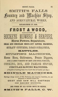 Frost & Wood advertising, Smiths Falls, Fuller's counties of Leeds, Grenville, Lanark and Renfrew Directory for 1866 & 1867