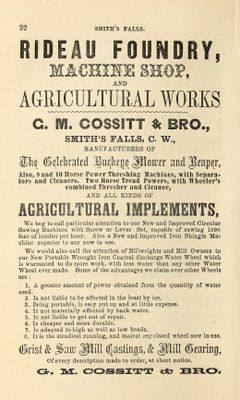 G.M. Cossitt and Rideau Foundry advertising, Smiths Falls, Fuller's counties of Leeds, Grenville, Lanark and Renfrew Directory for 1866 & 1867