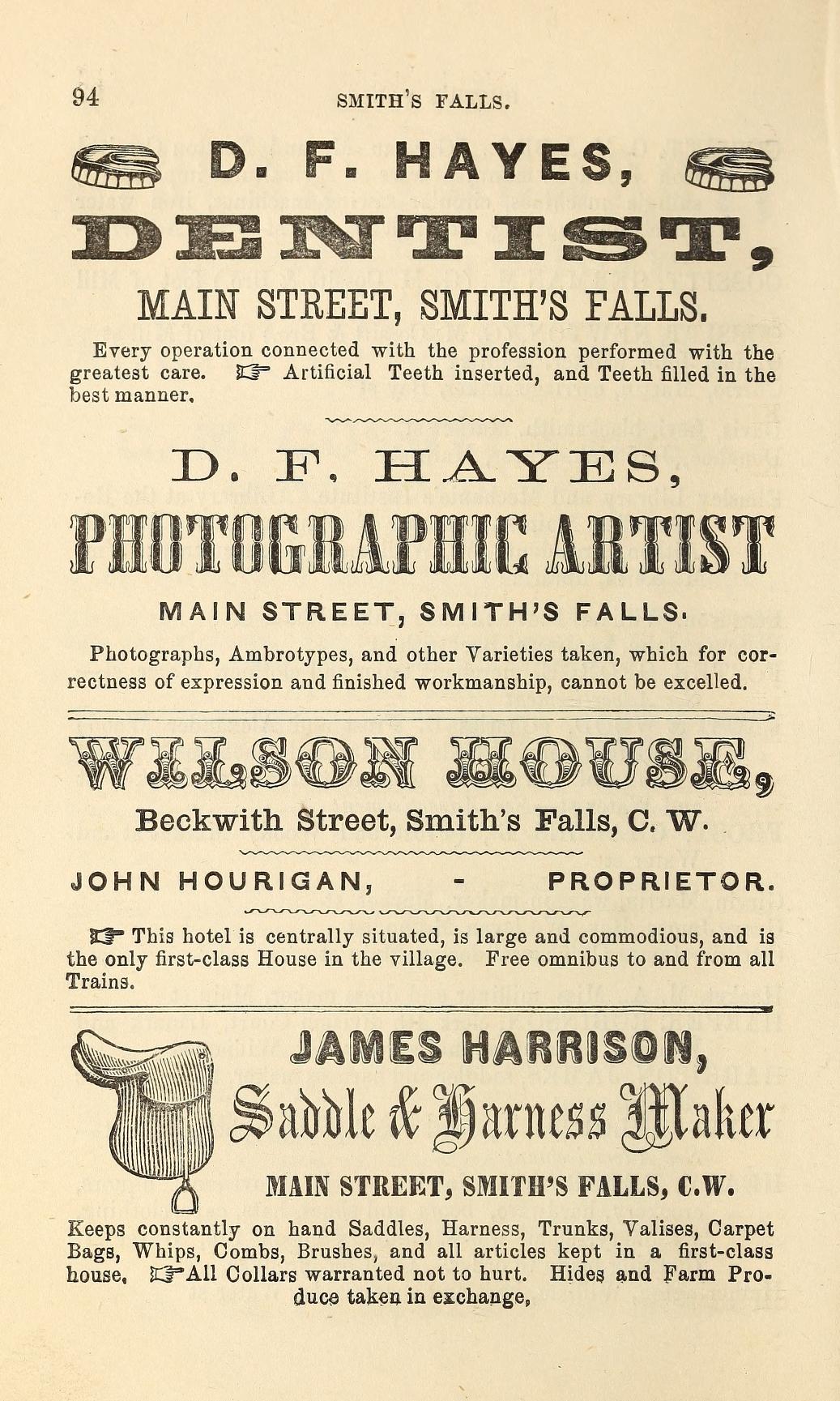 D.F. Hayes, John Hourigan and James Harrison advertising, Smiths Falls, Fuller's counties of Leeds, Grenville, Lanark and Renfrew Directory for 1866 & 1867