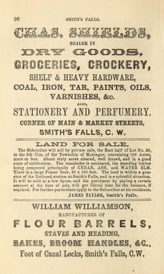 Charles Shields, James Taylor and William Williamson advertising, Smiths Falls, Fuller's counties of Leeds, Grenville, Lanark and Renfrew Directory for 1866 & 1867