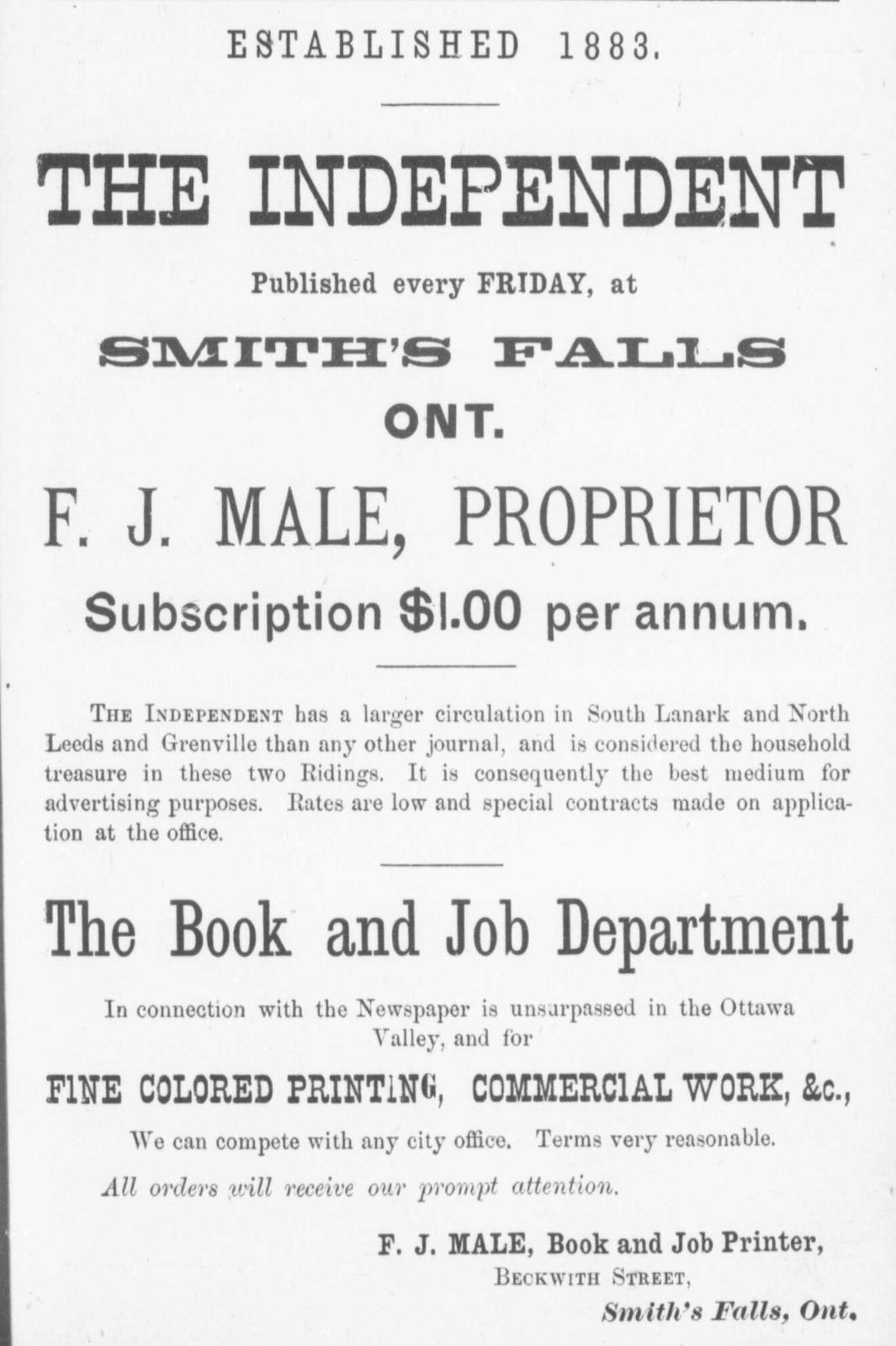 Smiths Falls advertising, Counties of Carleton, Lanark, Prescott, Russell and Ottawa directory: 1884
