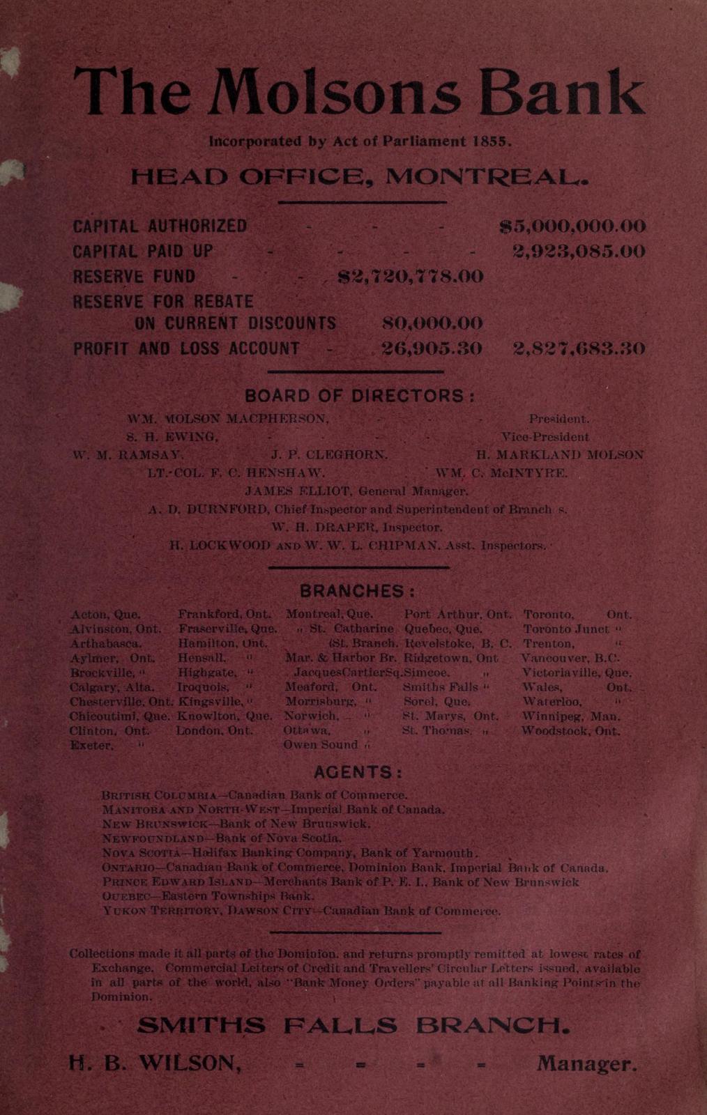 Molson's Bank advertising, Farmers' and business directory: for the Counties of Carleton, Dundas, Glengarry, Grenville, Lanark, Leeds, Prescott, Grenville, Russell and Stormont, 1904