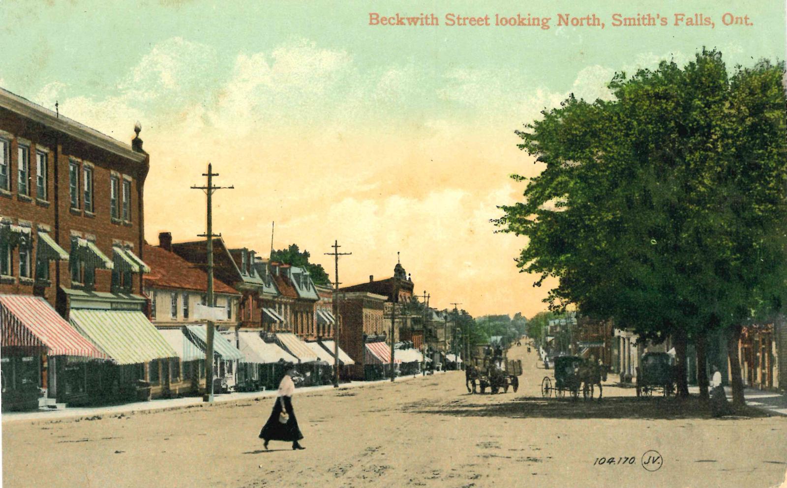 Beckwith Street looking south, Smiths Falls postcard (The caption on the top right of this postcard is incorrect).