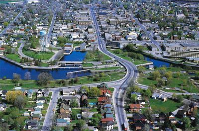 Bird's eye view postcard of Smiths Falls and Rideau Canal, ca. 1990