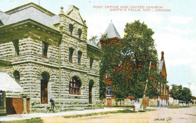 Post Office and United Church, Smiths Falls postcard, 1909