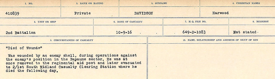 Harwood Davidson, Circumstances of Death Registers, First World War