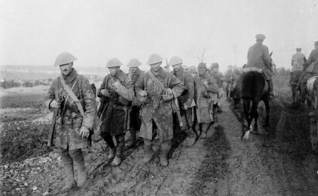 Canadian soldiers returning from trenches during the Battle of the Somme