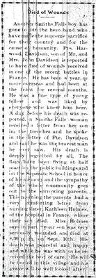 William Craig, Smiths Falls, The Rideau Record - 26 September 1916