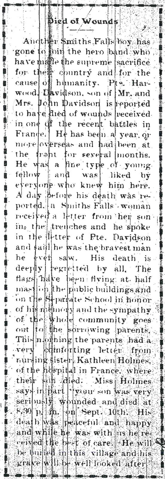 William Craig, Smiths Falls, 26 September 1916, <i>Rideau Record</i>