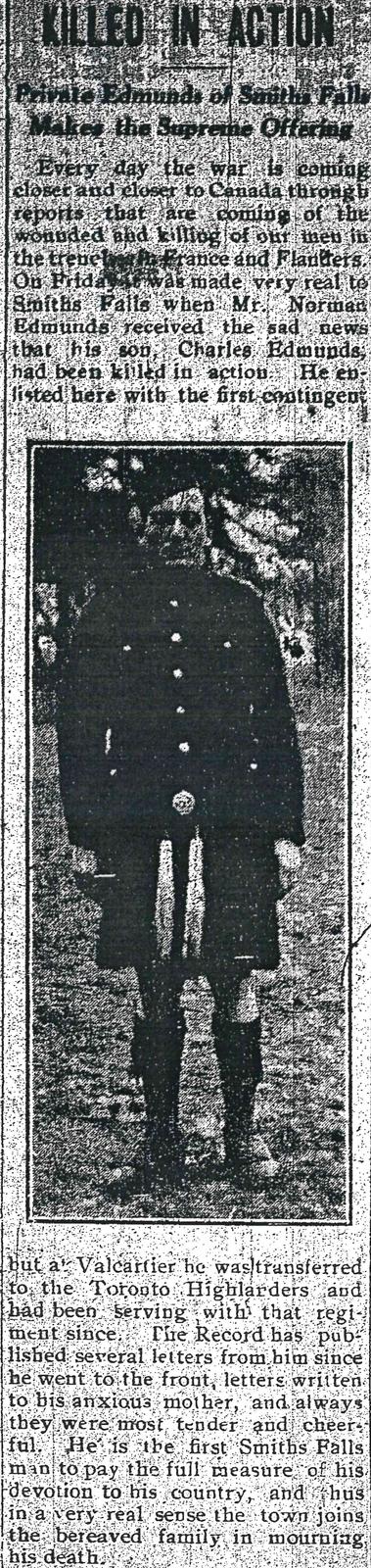 The caption notes that Charles Edmunds was the first Smiths Falls man to die in the war. 18 May 1915, <i>Rideau Record </i>