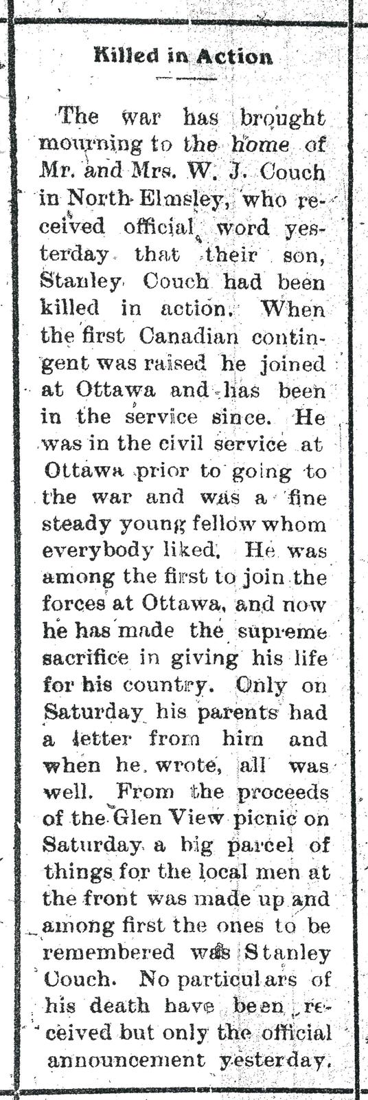 Stanley Morrison Couch, 29 June 1915, Rideau Record
