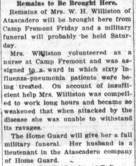 Isabella Menagh Williston obituary, San Luis Obispo Daily Telegram, 30 October 1918