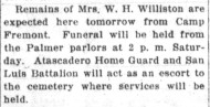 Isabella Menagh Williston obituary, San Luis Obispo Daily Telegram, 31 October 1918