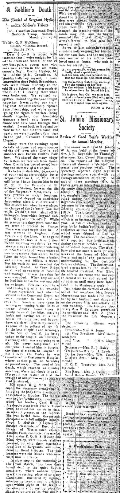 Orville Hyslop memorial letter, 9 April 1918, Rideau Record

