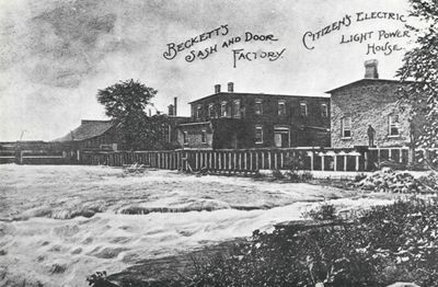 Citizen's Electric Company Powerhouse and Beckett's Sash and Door Factory, ca. 1900, A history of the Smiths Falls Lock Stations, 1827-1978 by Peter DeLottinville, Vol. II