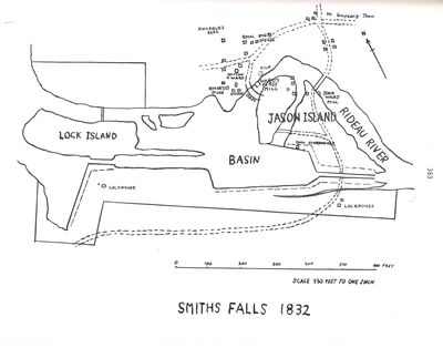 1832 Smiths Falls plan, A history of the Smiths Falls Lock Stations, 1827-1978 by Peter DeLottinville, Vol. II