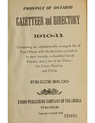 Smiths Falls and Montague Township description, Province of Ontario Gazetteer and Directory, 1910-11