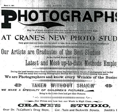 Crane Studio advertisement (microfilm copy), Record News, Smiths Falls, 11 March 1897 (Please note that the microfilm printer did not allow for the complete capture of the advertisement).