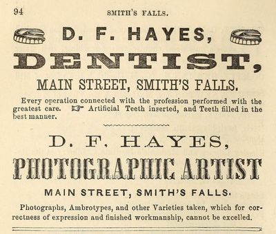 D.F. Hayes ad, Fuller's counties of Leeds, Grenville, Lanark and Renfrew Directory for 1866 & 1867