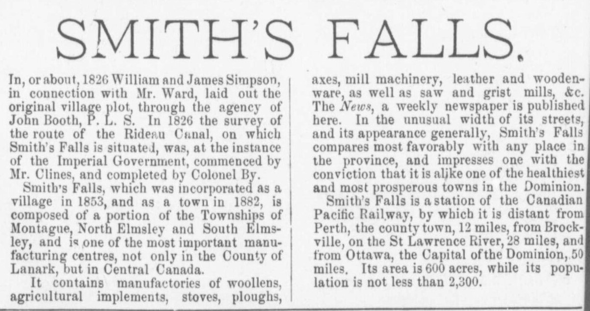 Smiths Falls description, Counties of Carleton, Lanark, Prescott, Russell and Ottawa directory: 1884
