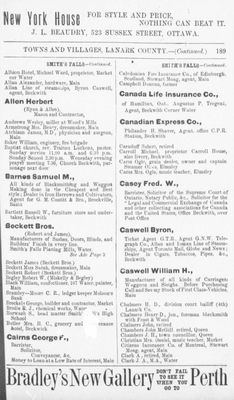 Smiths Falls business listing, Counties of Carleton, Lanark, Prescott, Russell and Ottawa directory: 1884