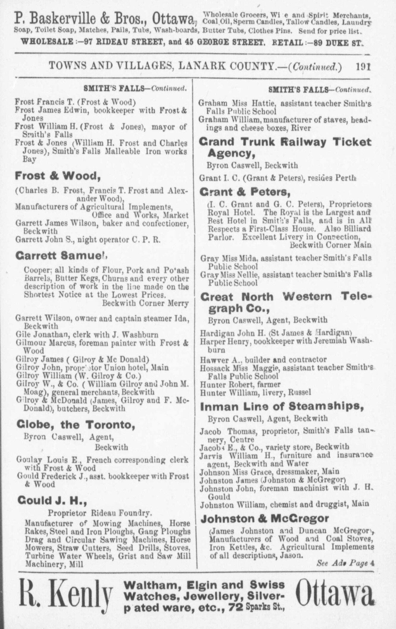 Smiths Falls business listing, Counties of Carleton, Lanark, Prescott, Russell and Ottawa directory: 1884
