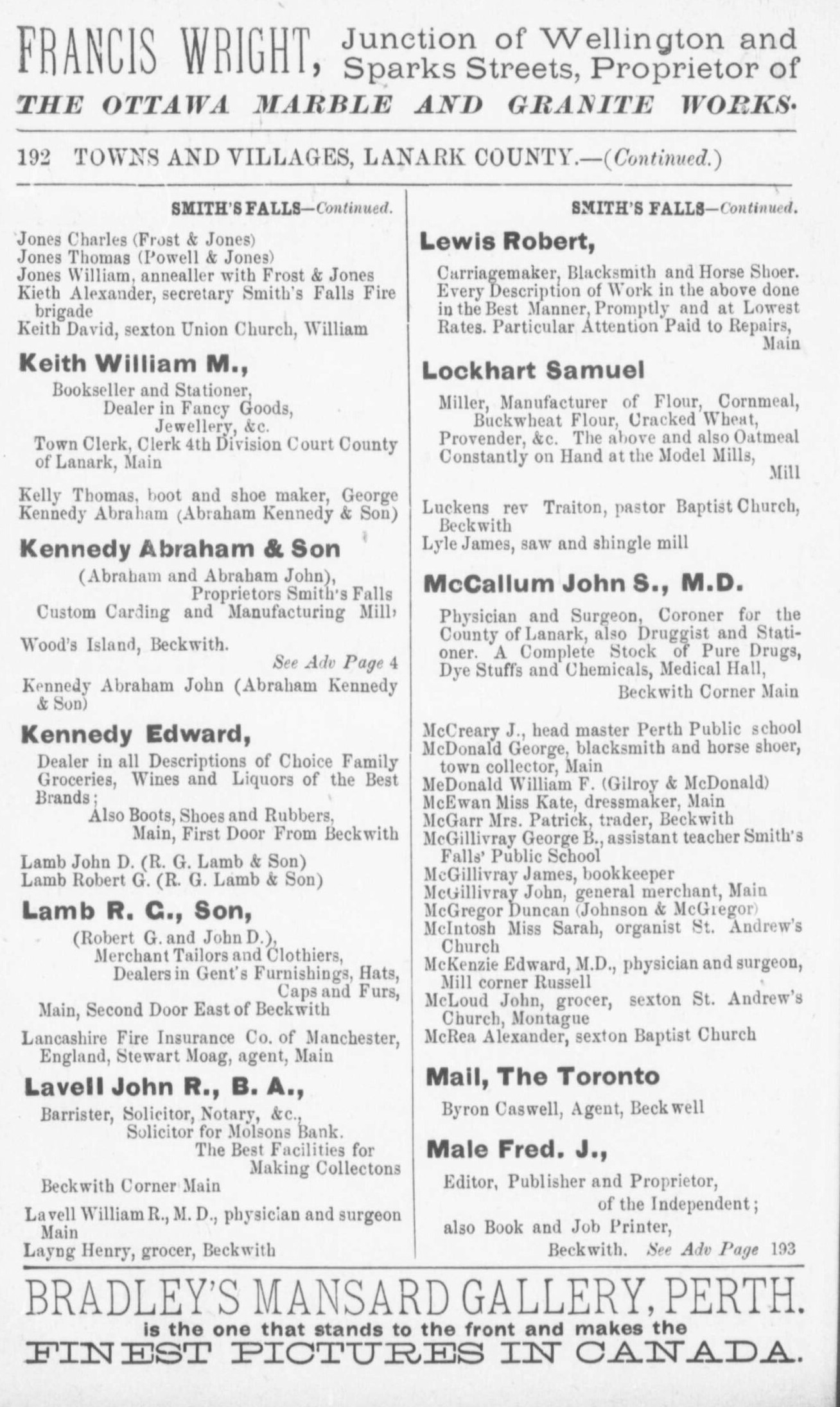 Smiths Falls business listing, Counties of Carleton, Lanark, Prescott, Russell and Ottawa directory: 1884
