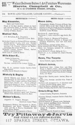 Smiths Falls business listing, Counties of Carleton, Lanark, Prescott, Russell and Ottawa directory: 1884