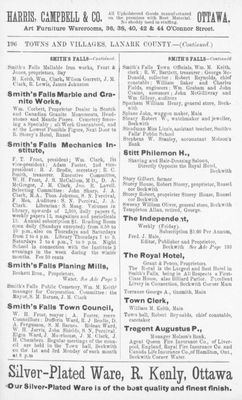 Smiths Falls business listing, Counties of Carleton, Lanark, Prescott, Russell and Ottawa directory: 1884