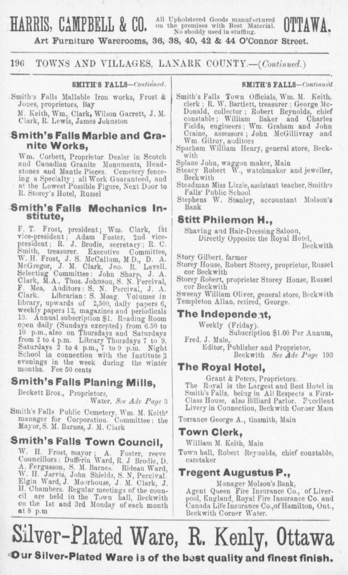 Smiths Falls business listing, Counties of Carleton, Lanark, Prescott, Russell and Ottawa directory: 1884
