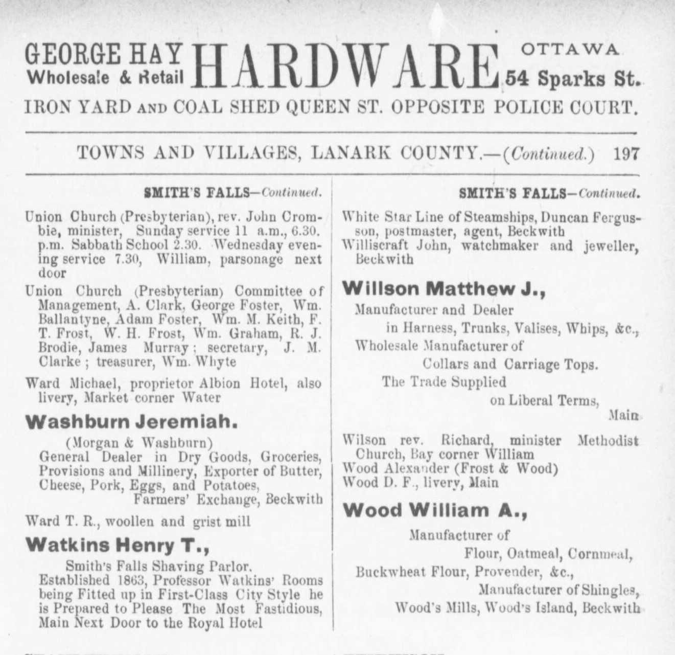 Smiths Falls business listing, Counties of Carleton, Lanark, Prescott, Russell and Ottawa directory: 1884
