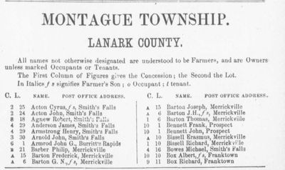 Montague resident listing, Counties of Carleton, Lanark, Prescott, Russell and Ottawa directory: 1884