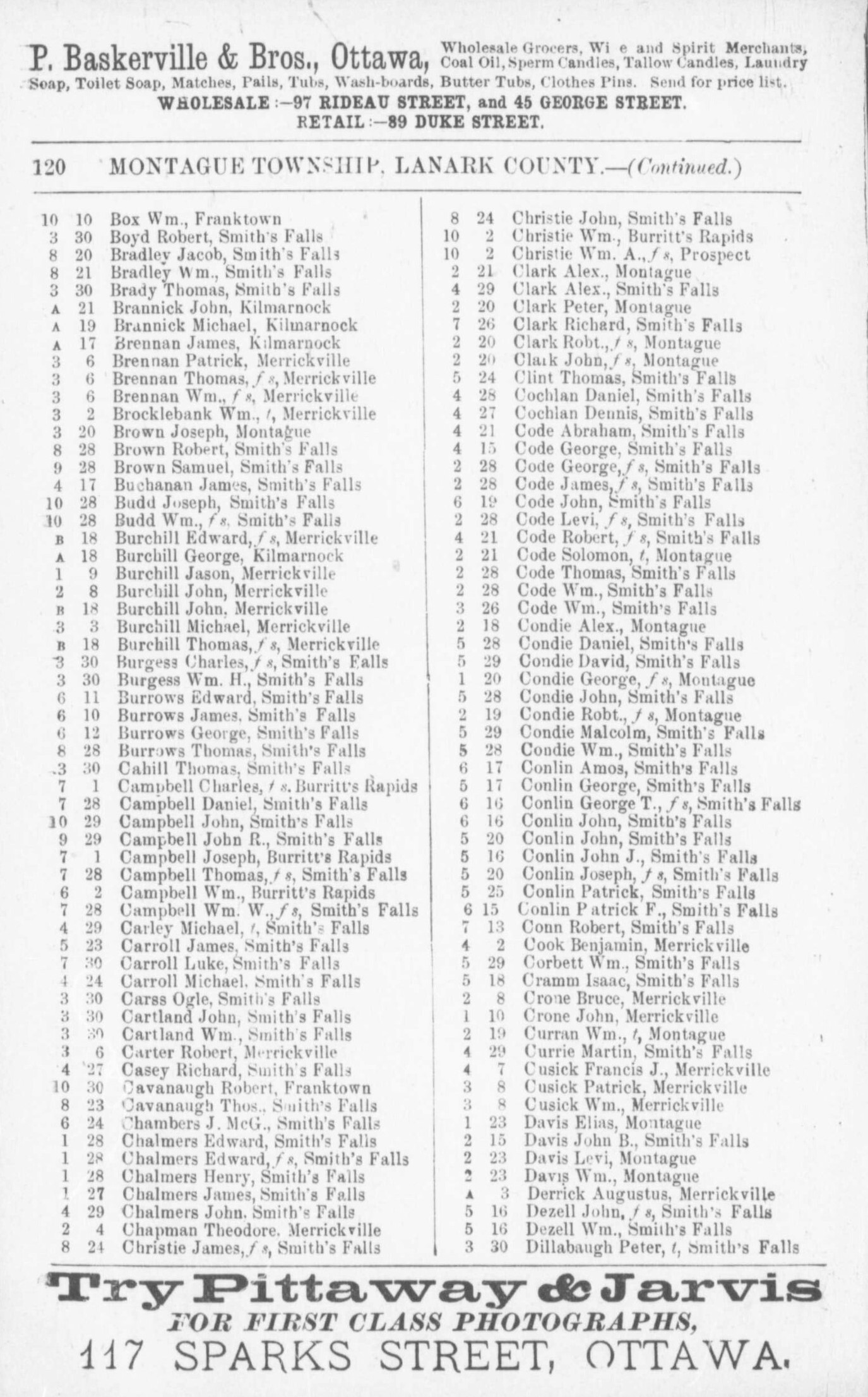 Montague resident listing, Counties of Carleton, Lanark, Prescott, Russell and Ottawa directory: 1884
