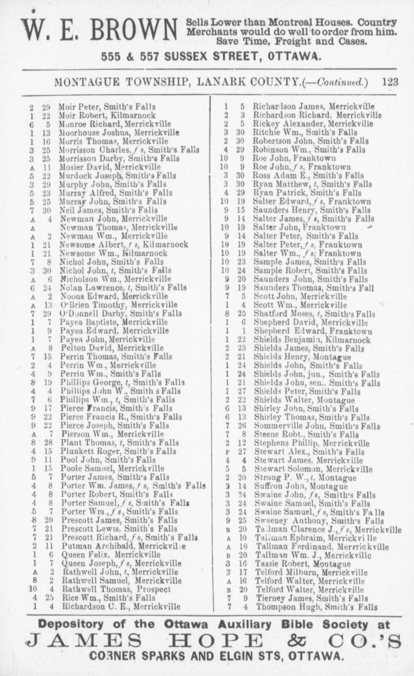 Montague resident listing, Counties of Carleton, Lanark, Prescott, Russell and Ottawa directory: 1884 p.123
