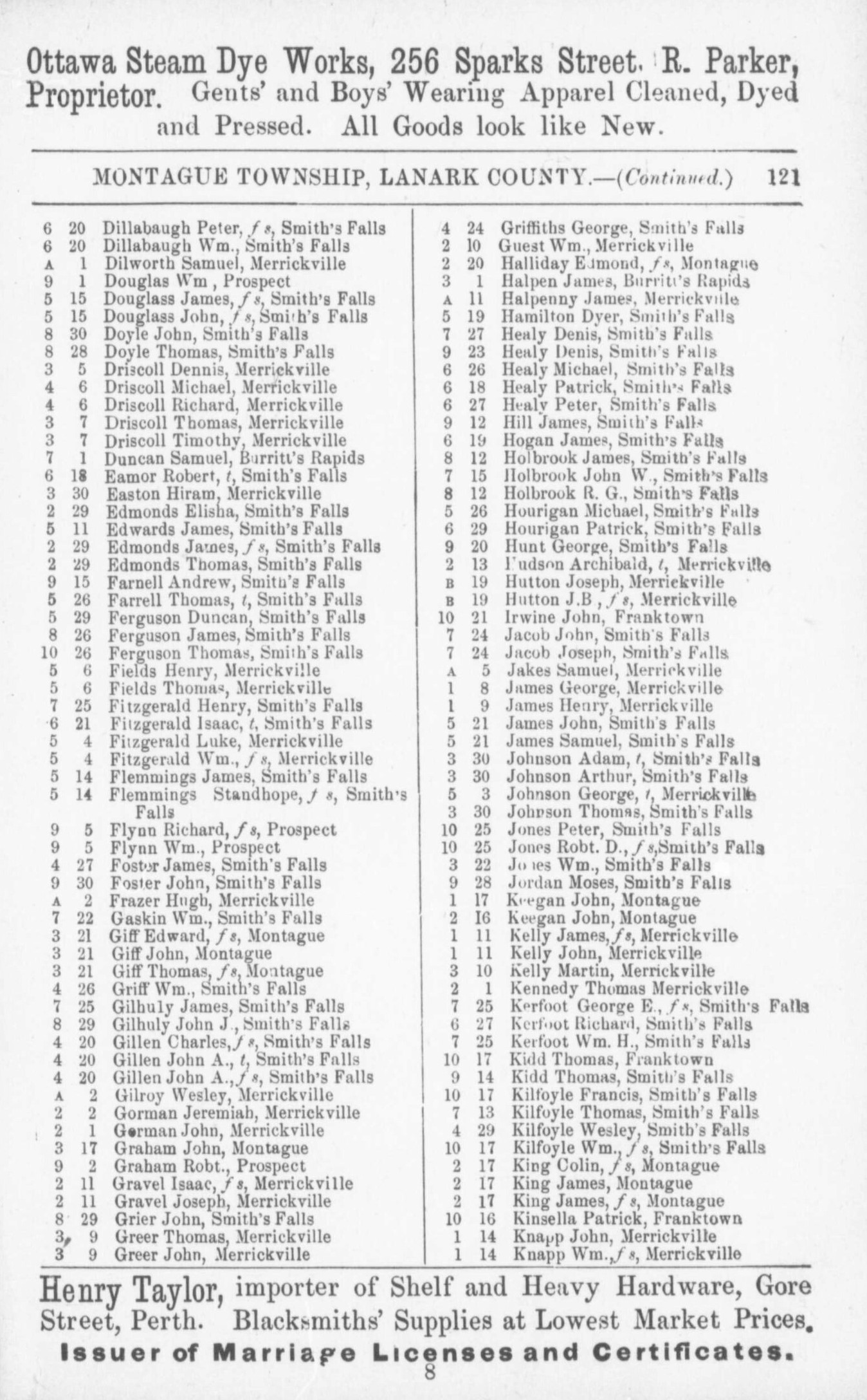 Montague resident listing, Counties of Carleton, Lanark, Prescott, Russell and Ottawa directory: 1884 p.121
