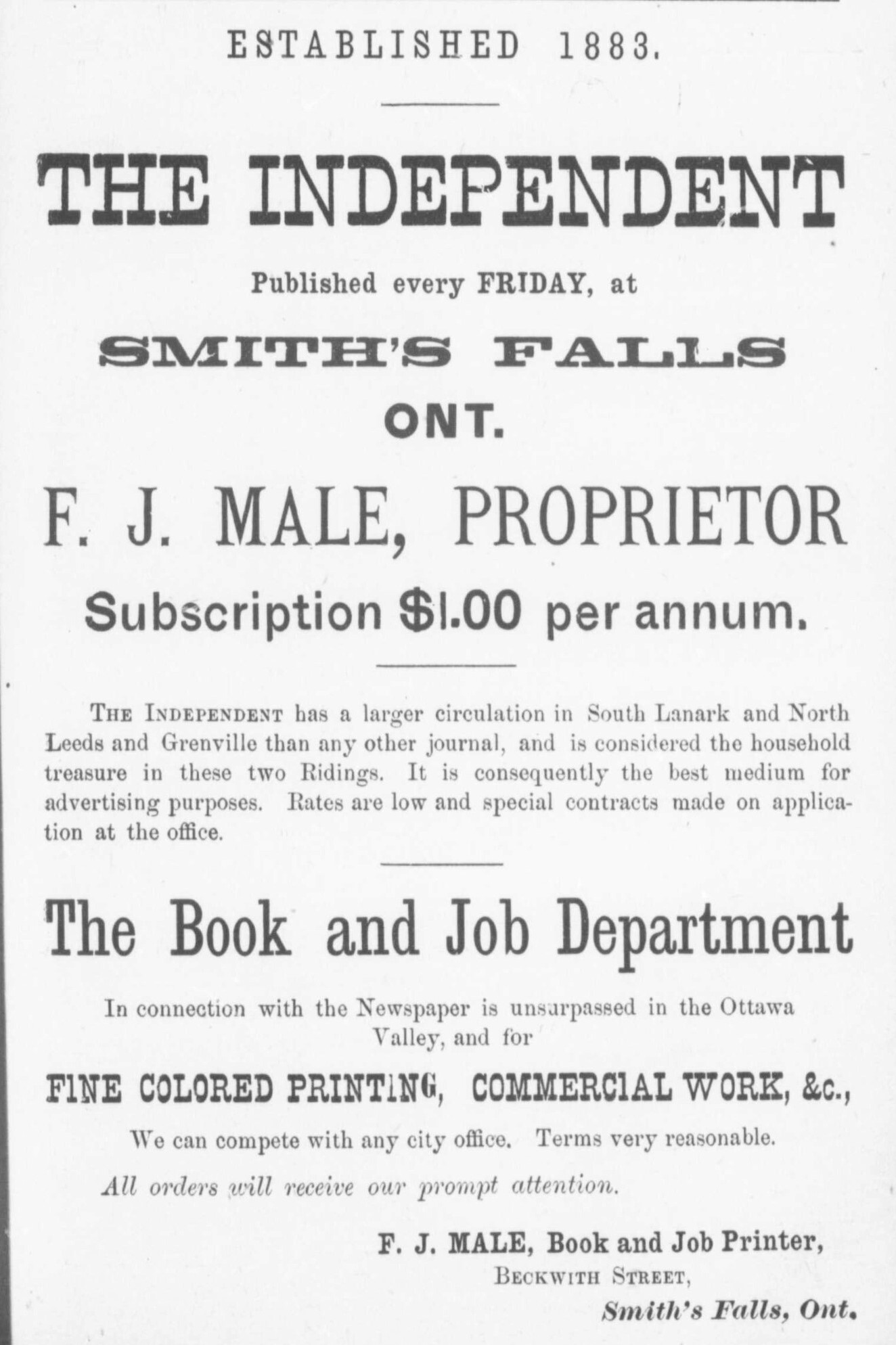 Smiths Falls advertising, Counties of Carleton, Lanark, Prescott, Russell and Ottawa directory: 1884 
