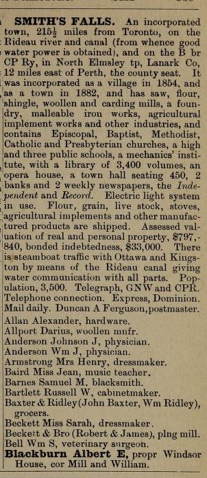 Smiths Falls description and listing of business owners, Ontario gazetteer and business directory 1888-89