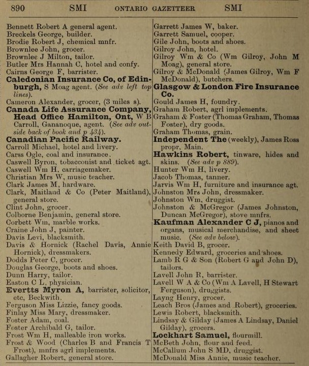 Smiths Falls listing of business owners, Ontario gazetteer and business directory 1888-89