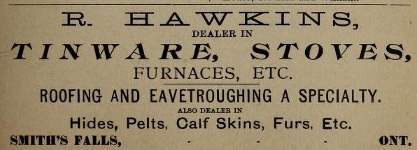 R. Hawkins advertising, Smiths Falls, Ontario gazetteer and business directory 1888-89