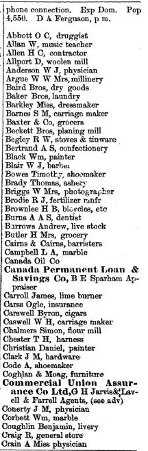 Smiths Falls description and business owners listing, Eastern Ontario gazetteer and directory 1898-99