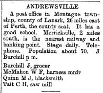 Andrewsville description and business owners listing, Eastern Ontario gazetteer and directory 1898-99